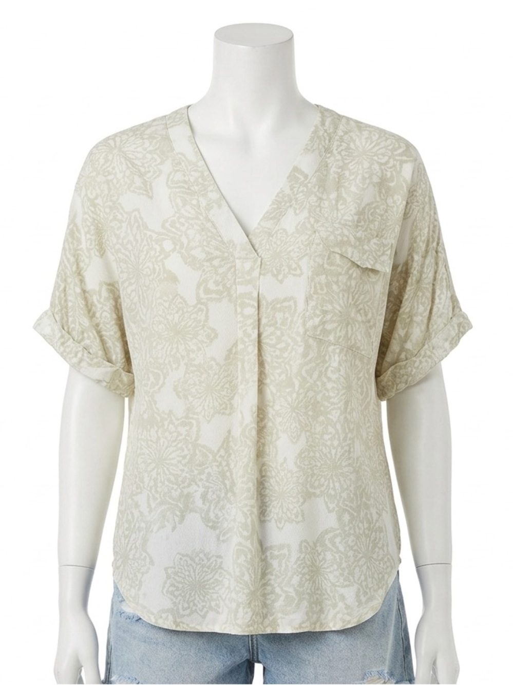 Life Is Good Relaxed Boho Floral V Neck Pocket Blouse Cream Womens Size Medium